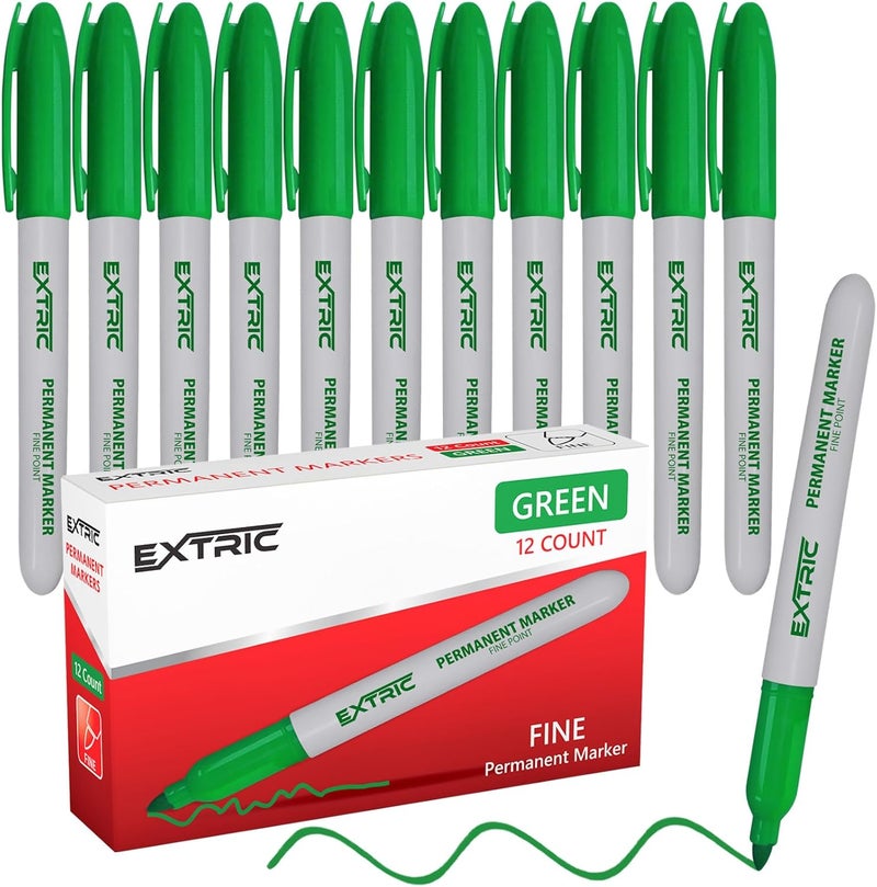 EXTRIC Permanent Markers Green, 12 Count Fine Point Markers, Quick Drying, Works on wood, Paper, Plastic, Metal and Glass, for Home, Office and School - Image 1